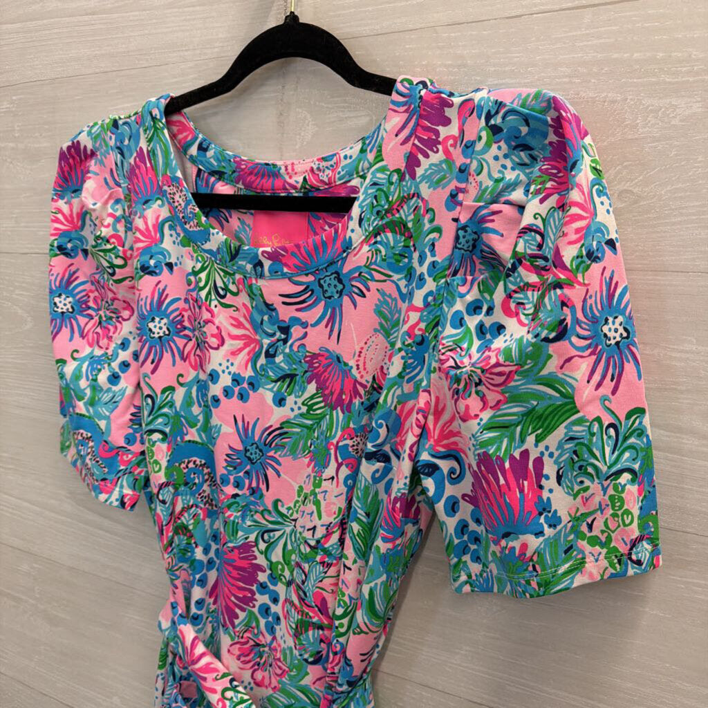 Lilly Pulitzer Pink/ Multi Print Short Puff Sleeve Tie Waist Dress Extra Large