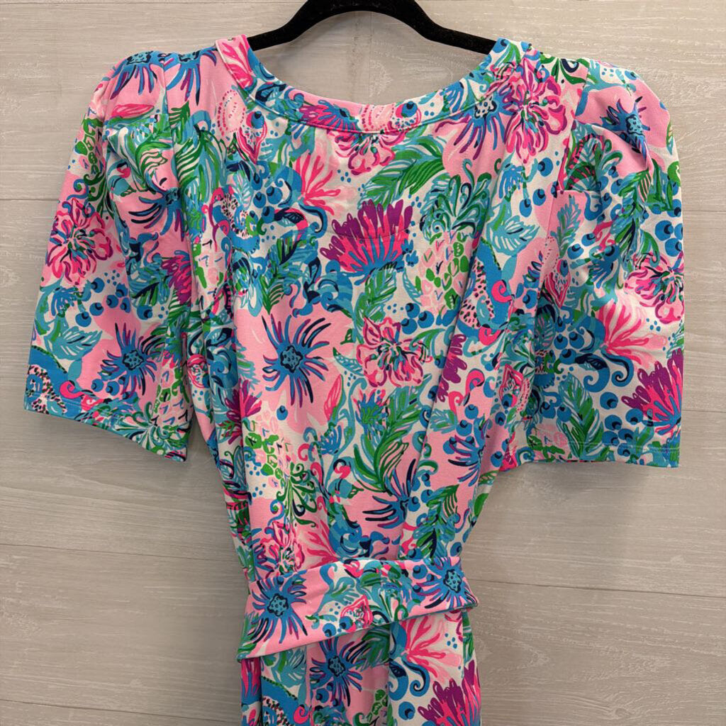Lilly Pulitzer Pink/ Multi Print Short Puff Sleeve Tie Waist Dress Extra Large