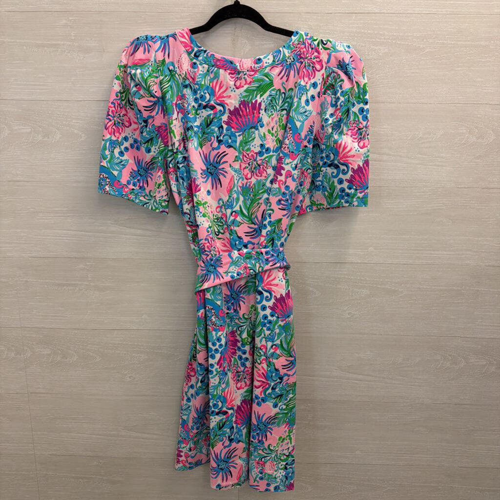 Lilly Pulitzer Pink/ Multi Print Short Puff Sleeve Tie Waist Dress Extra Large
