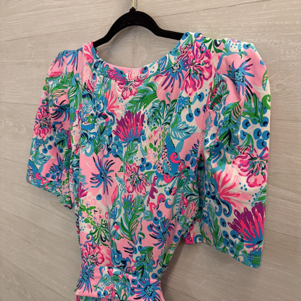 Lilly Pulitzer Pink/ Multi Print Short Puff Sleeve Tie Waist Dress Extra Large