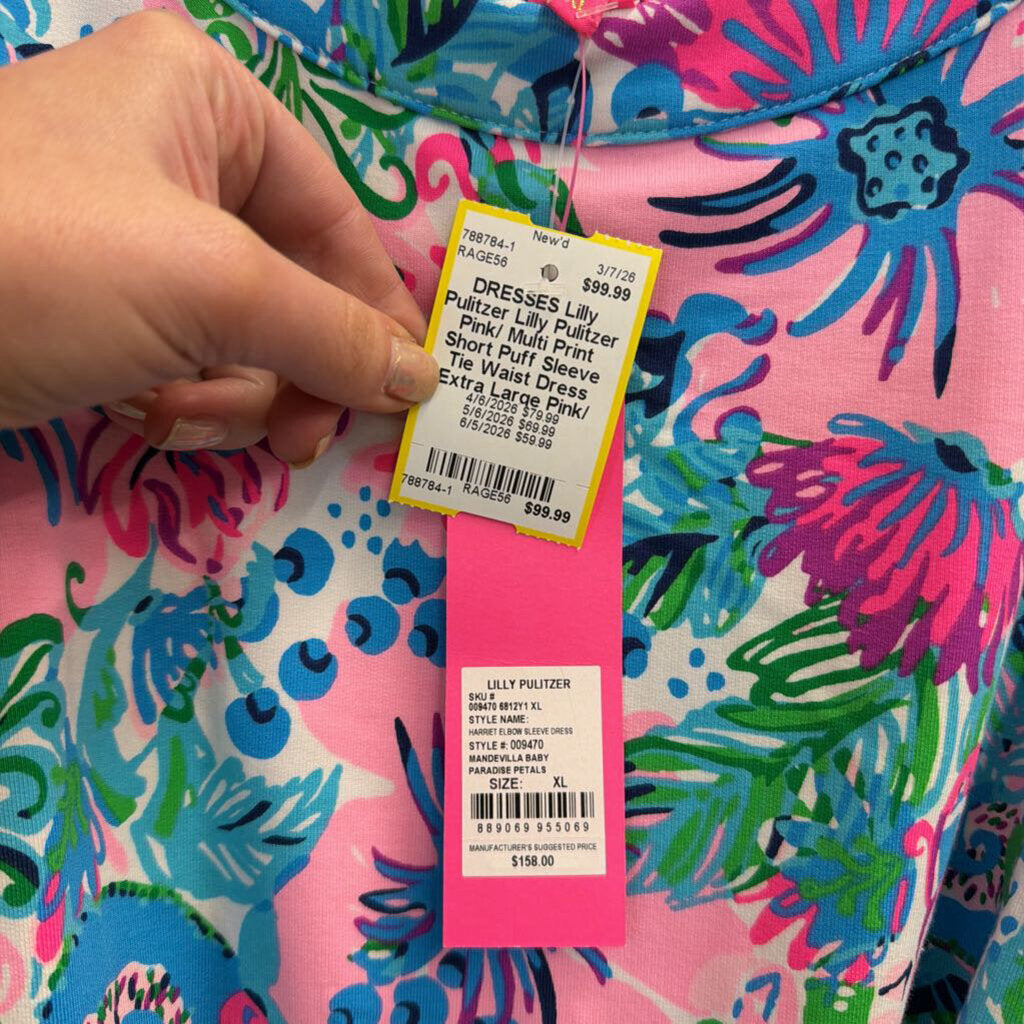 Lilly Pulitzer Pink/ Multi Print Short Puff Sleeve Tie Waist Dress Extra Large