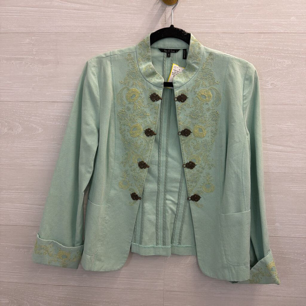 Nic and Zoe Blue Embroidered Front Hook Jacket Top Small