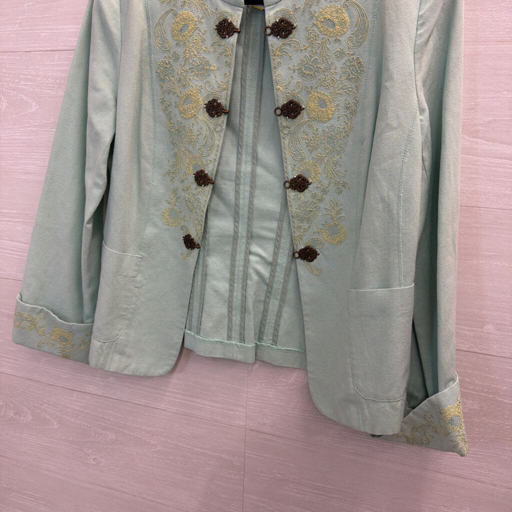 Nic and Zoe Blue Embroidered Front Hook Jacket Top Small