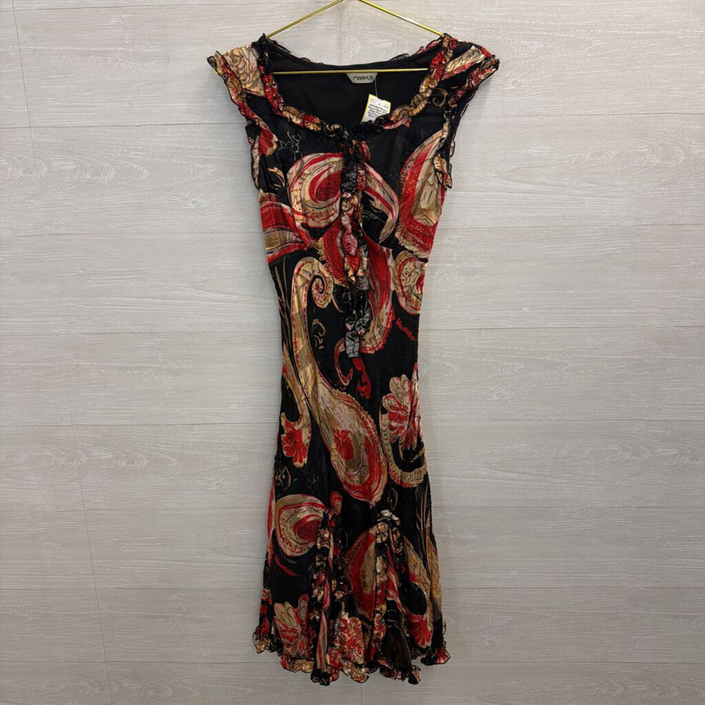 Manyus Black /Red/ Beige Print Midi Dress Extra Small