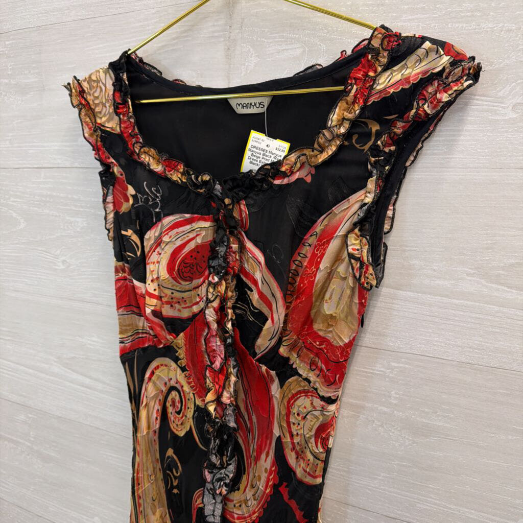 Manyus Black /Red/ Beige Print Midi Dress Extra Small