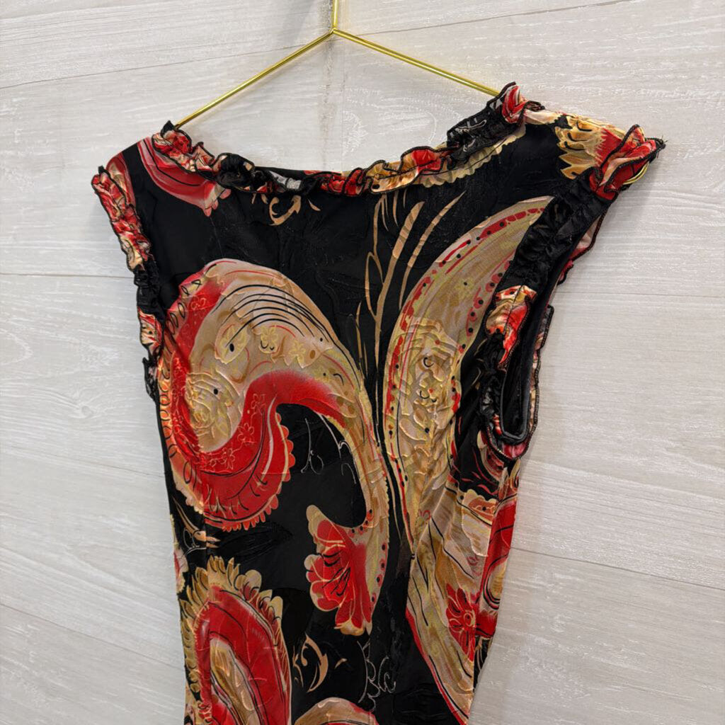 Manyus Black /Red/ Beige Print Midi Dress Extra Small