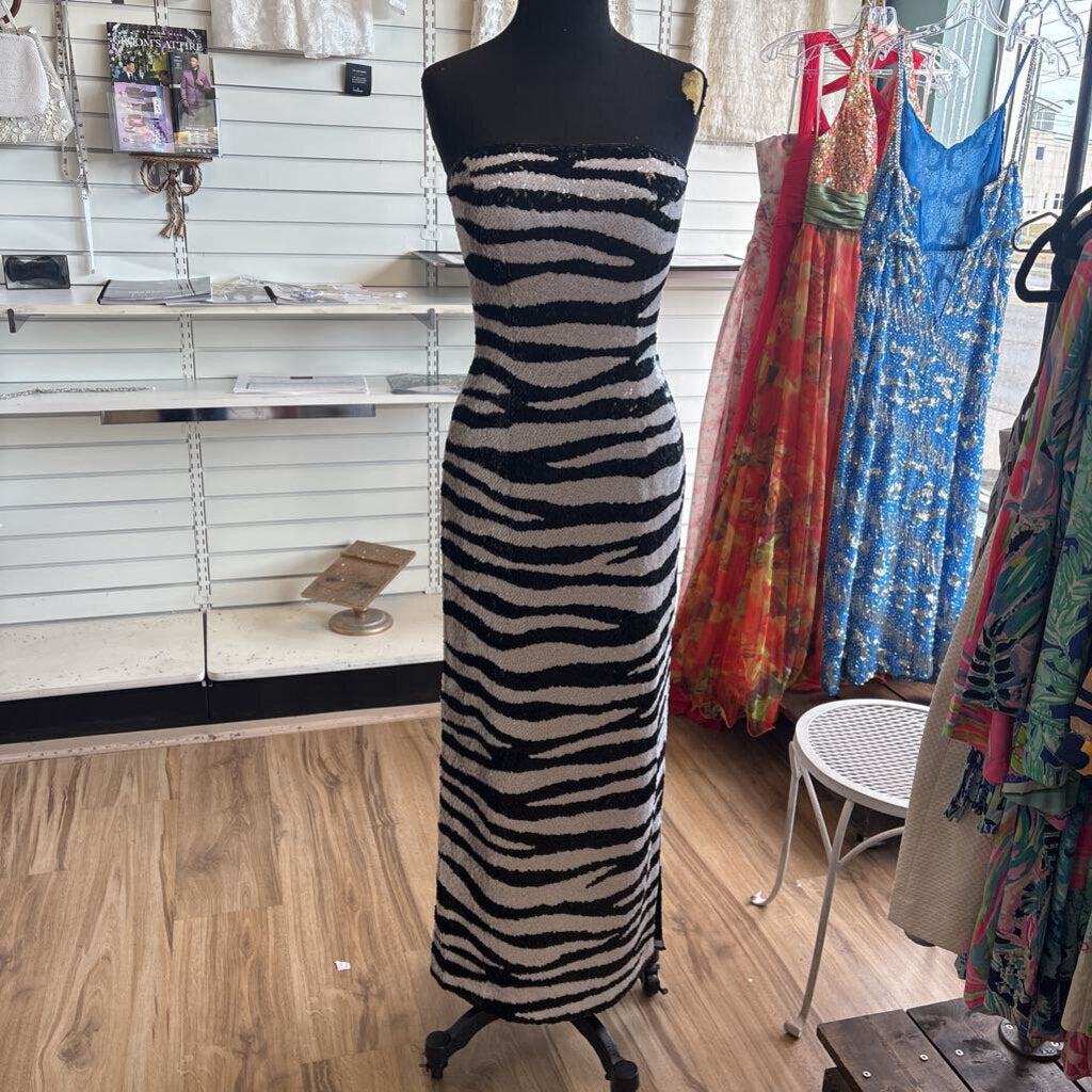 Vintage Sean Collection Black/ White Sequin Print Long Formal Dress Small