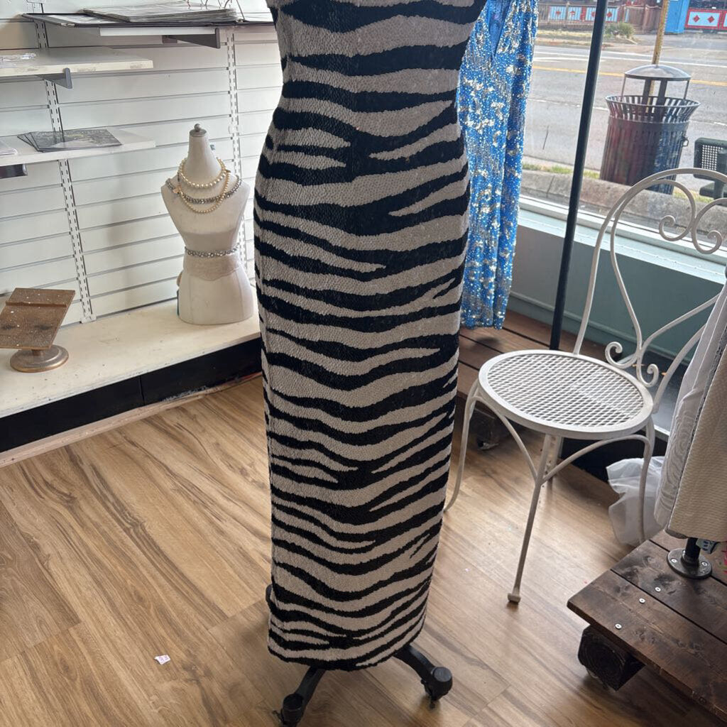 Vintage Sean Collection Black/ White Sequin Print Long Formal Dress Small