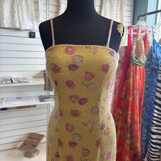 Vintage Je Matadi Yellow/ Multi Floral Beaded Long Formal Dress Small