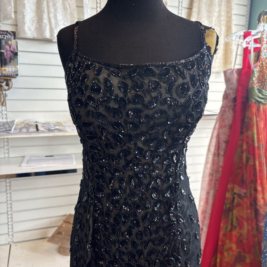 Vintage Je Matadi Black Beaded Print Long Formal Dress Medium