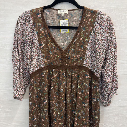Umgee Brown/ Multi Print Long Sleeve Tunic Top Small