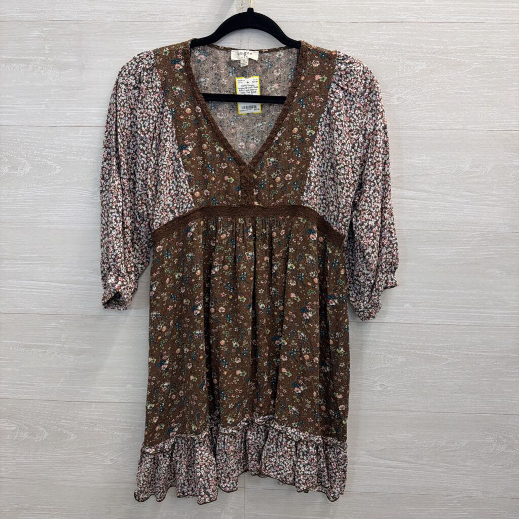 Umgee Brown/ Multi Print Long Sleeve Tunic Top Small