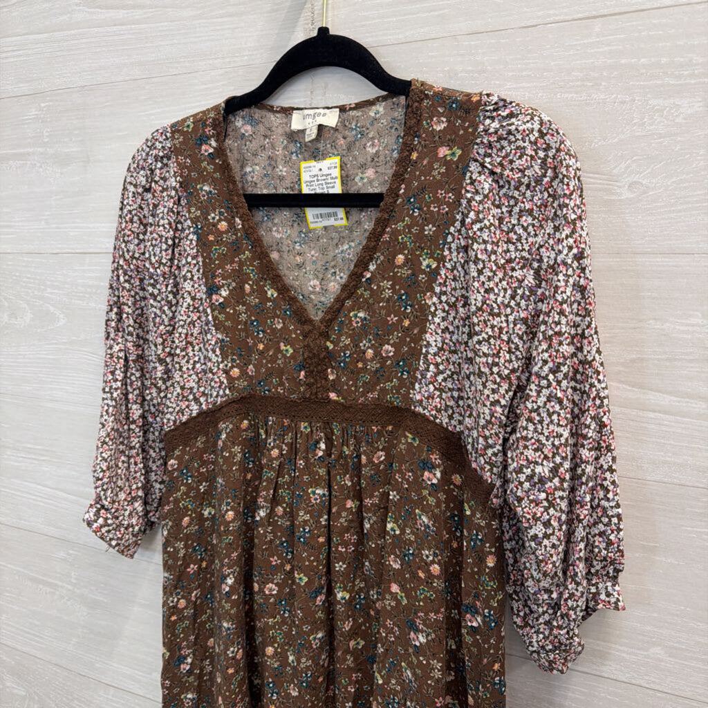 Umgee Brown/ Multi Print Long Sleeve Tunic Top Small
