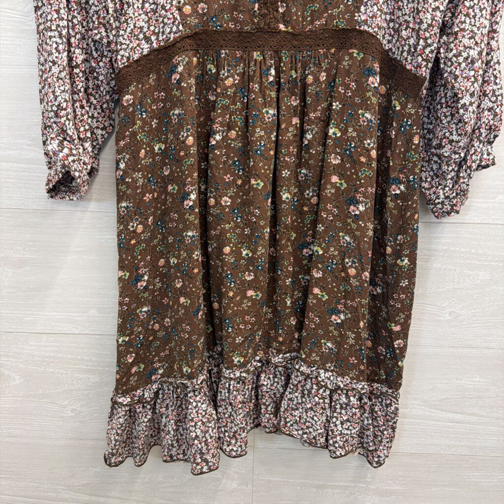 Umgee Brown/ Multi Print Long Sleeve Tunic Top Small