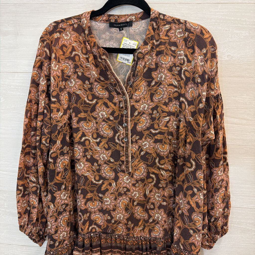 Olivaceous Brown/ Multi Print Ruffle Hem Long Sleeve Tunic Top Medium