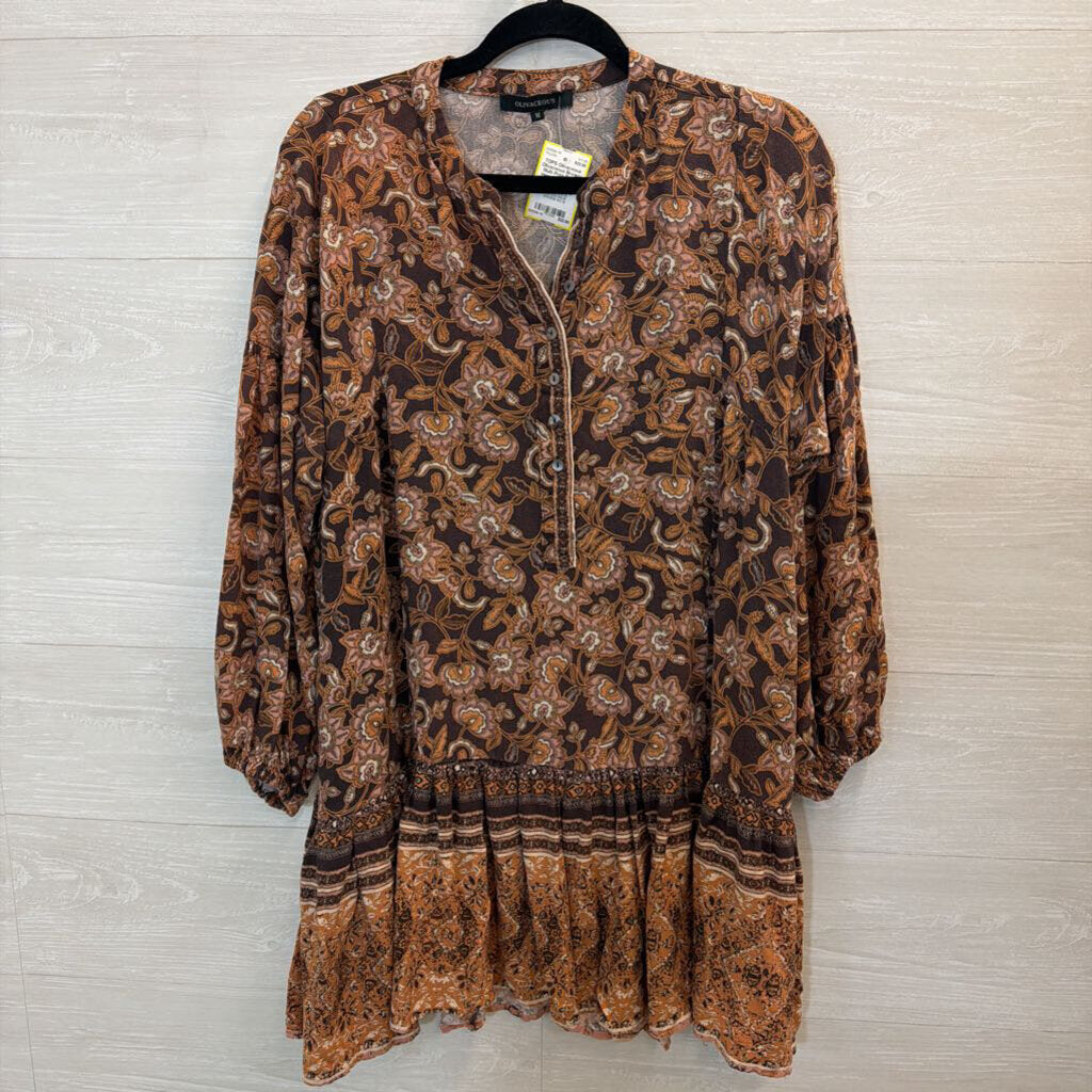 Olivaceous Brown/ Multi Print Ruffle Hem Long Sleeve Tunic Top Medium