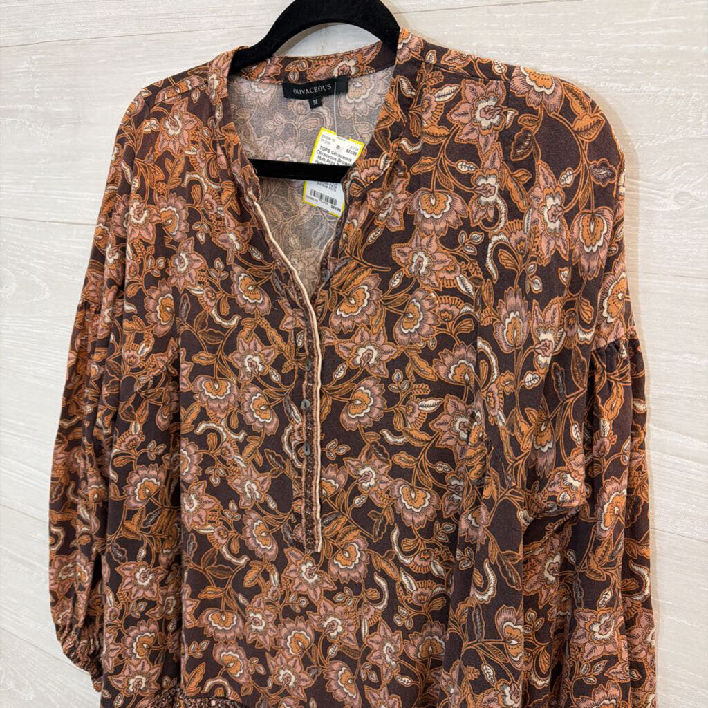 Olivaceous Brown/ Multi Print Ruffle Hem Long Sleeve Tunic Top Medium