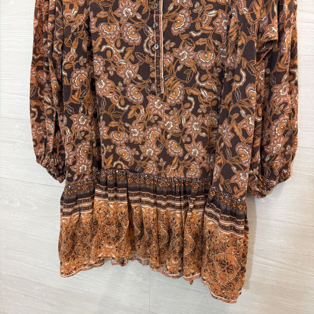 Olivaceous Brown/ Multi Print Ruffle Hem Long Sleeve Tunic Top Medium