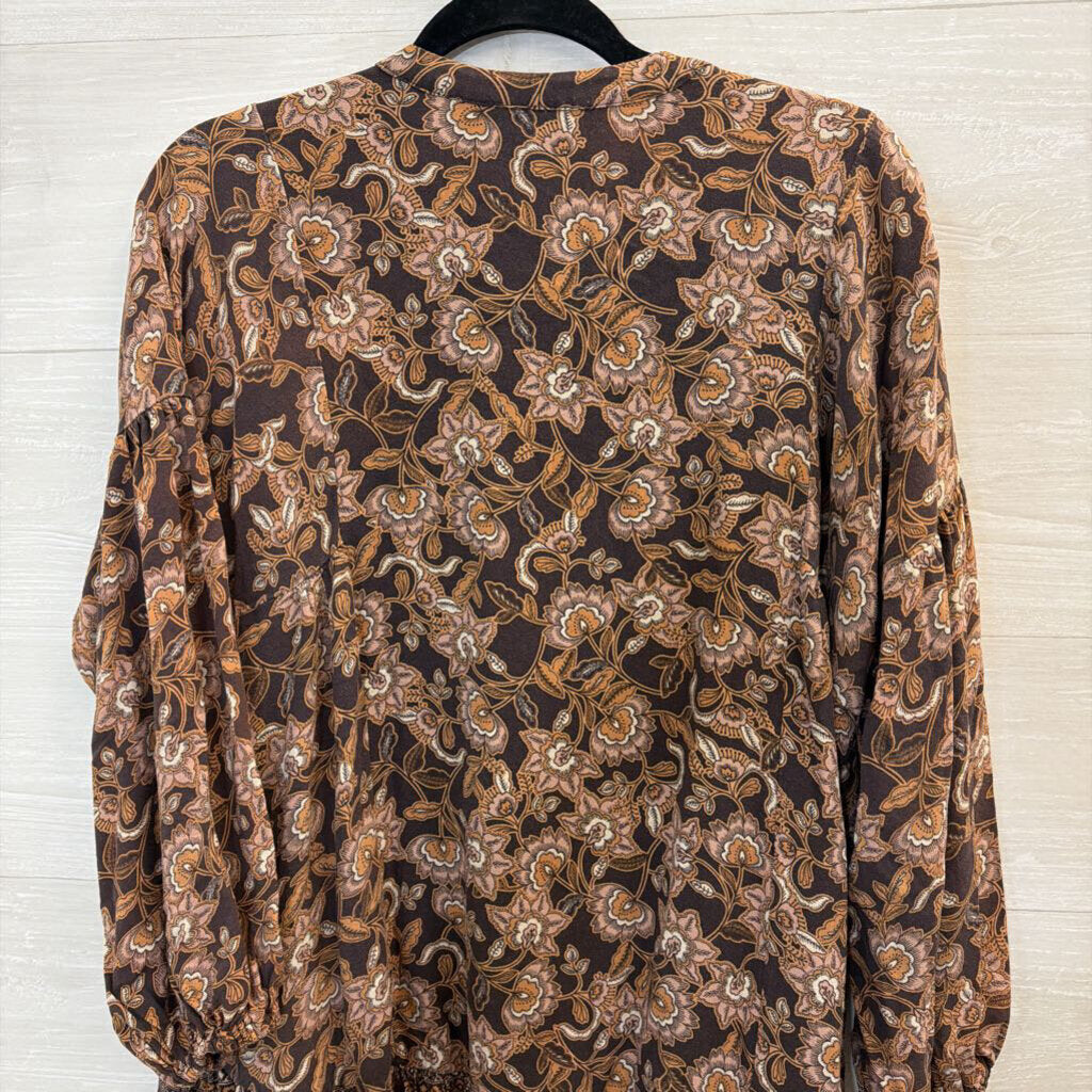 Olivaceous Brown/ Multi Print Ruffle Hem Long Sleeve Tunic Top Medium