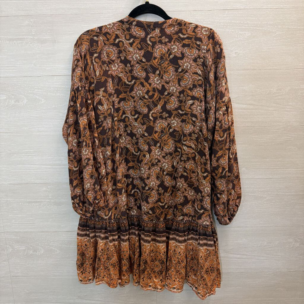Olivaceous Brown/ Multi Print Ruffle Hem Long Sleeve Tunic Top Medium