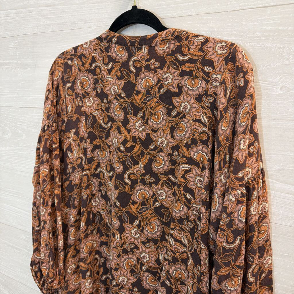 Olivaceous Brown/ Multi Print Ruffle Hem Long Sleeve Tunic Top Medium