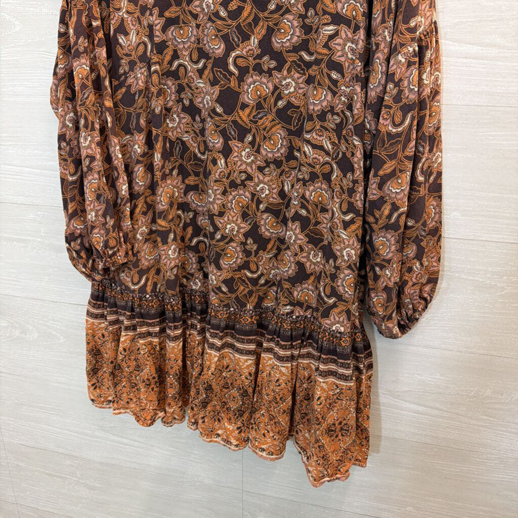 Olivaceous Brown/ Multi Print Ruffle Hem Long Sleeve Tunic Top Medium