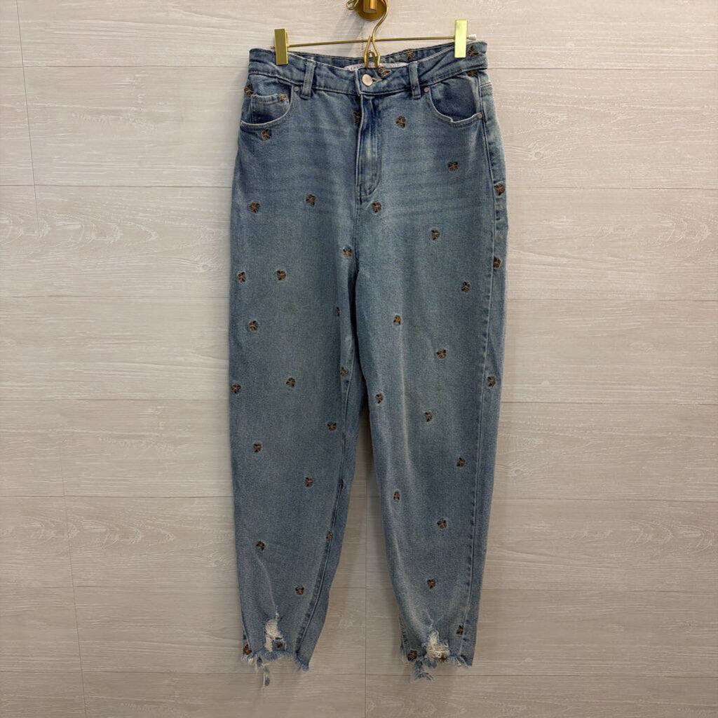 Tinseltown Light Wash Embroidered Butterfly Wide Leg Jeans 7