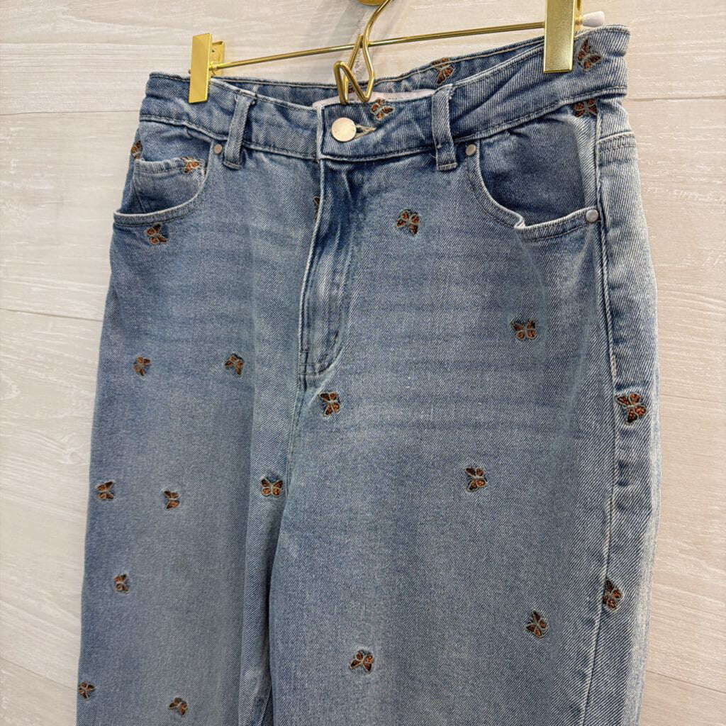 Tinseltown Light Wash Embroidered Butterfly Wide Leg Jeans 7