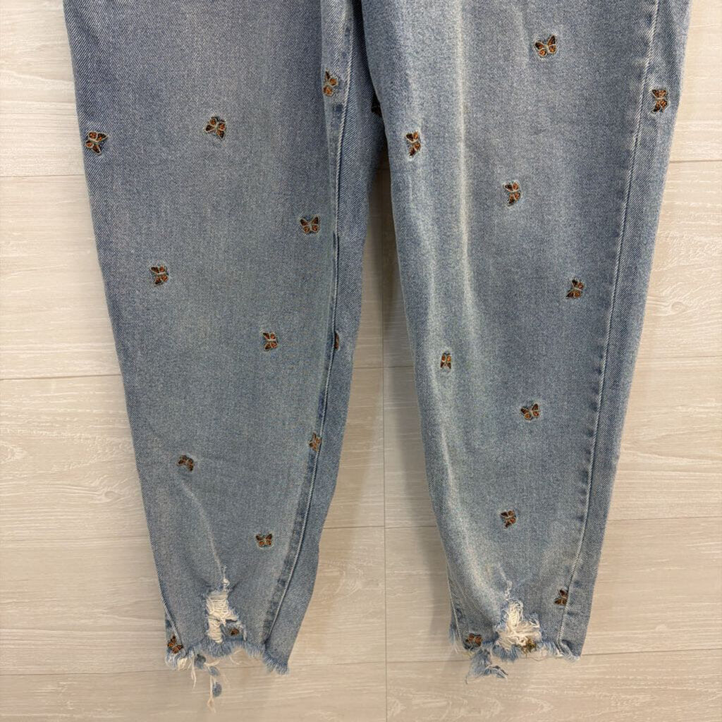 Tinseltown Light Wash Embroidered Butterfly Wide Leg Jeans 7