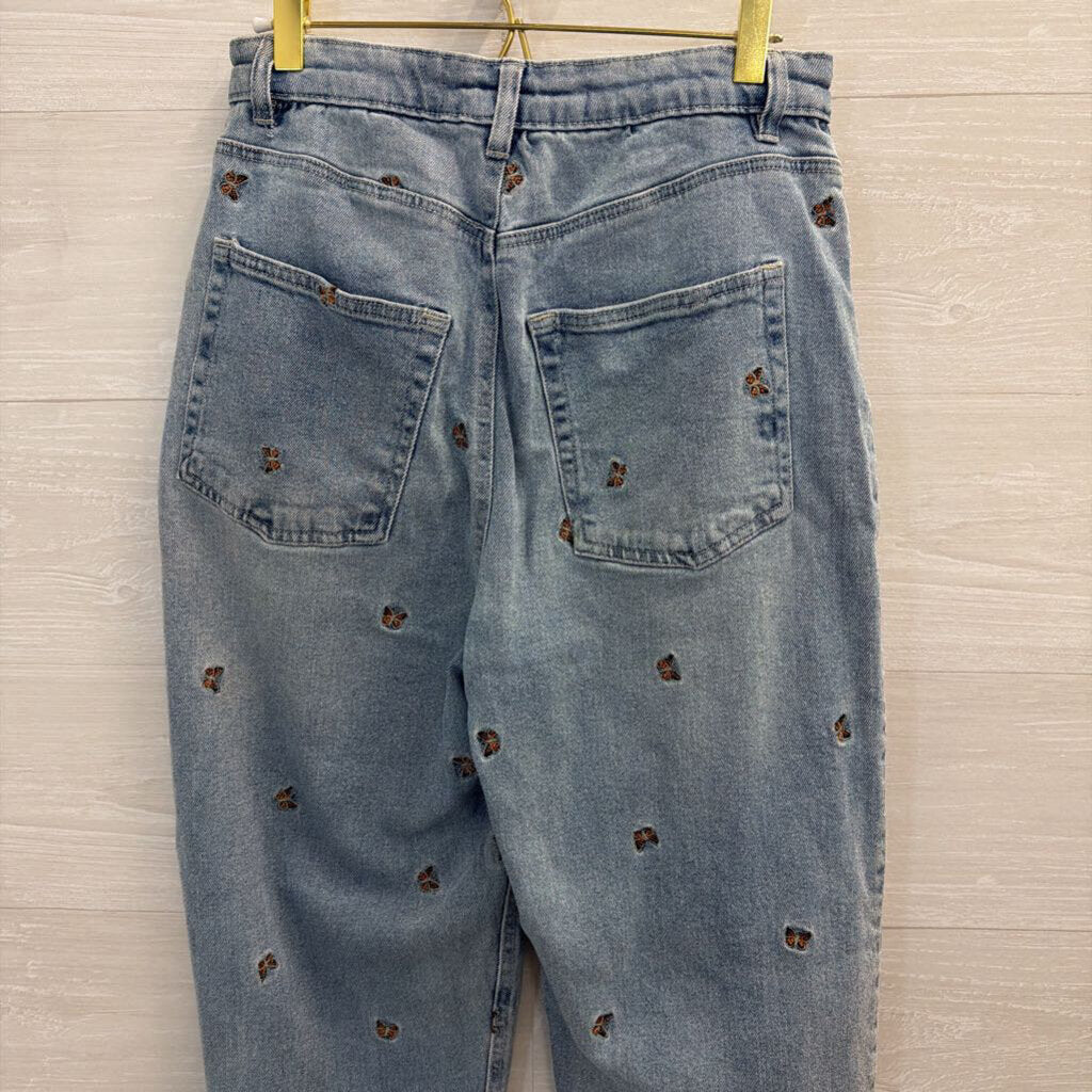 Tinseltown Light Wash Embroidered Butterfly Wide Leg Jeans 7