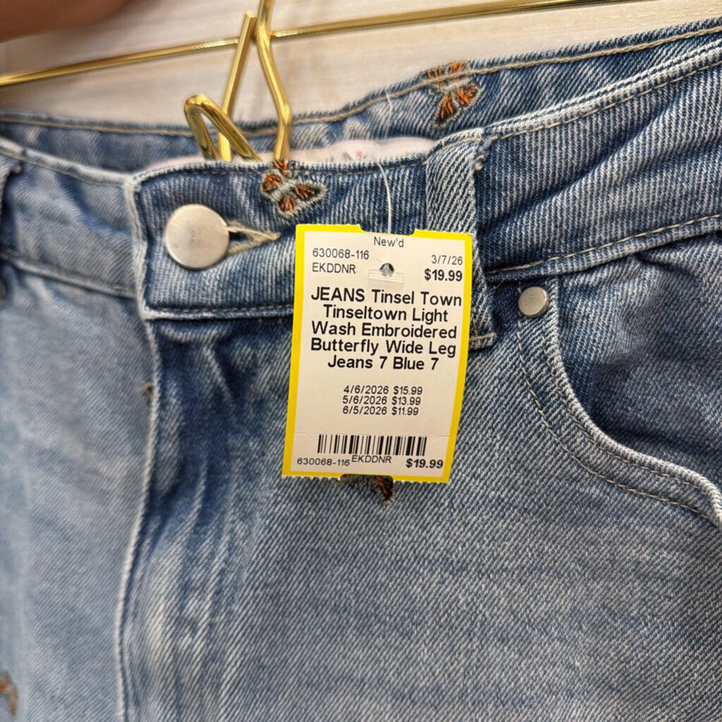 Tinseltown Light Wash Embroidered Butterfly Wide Leg Jeans 7