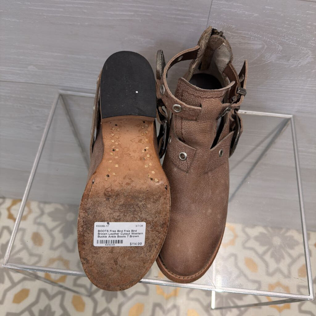 Free Bird Brown Leather Cutout Western Buckle Ankle Boots 7