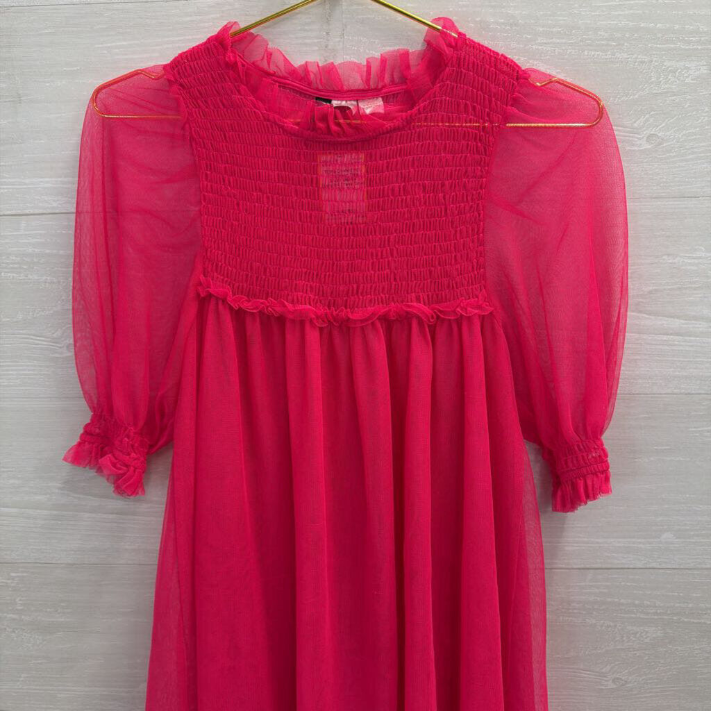 Hot Pink Sheer Tulle Short Sleeve Babydoll Dress Small