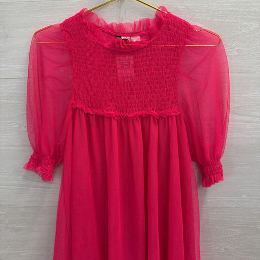 Hot Pink Sheer Tulle Short Sleeve Babydoll Dress Small