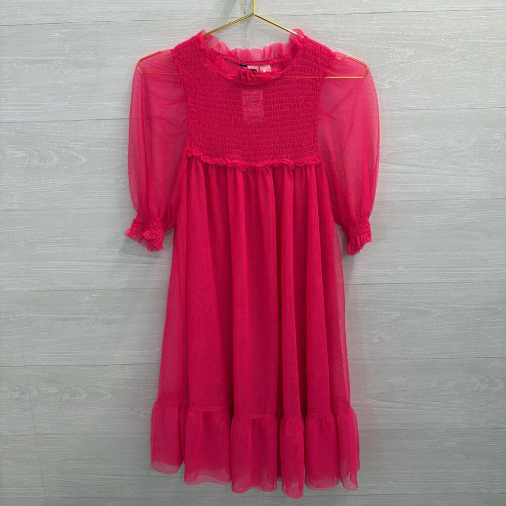 Hot Pink Sheer Tulle Short Sleeve Babydoll Dress Small