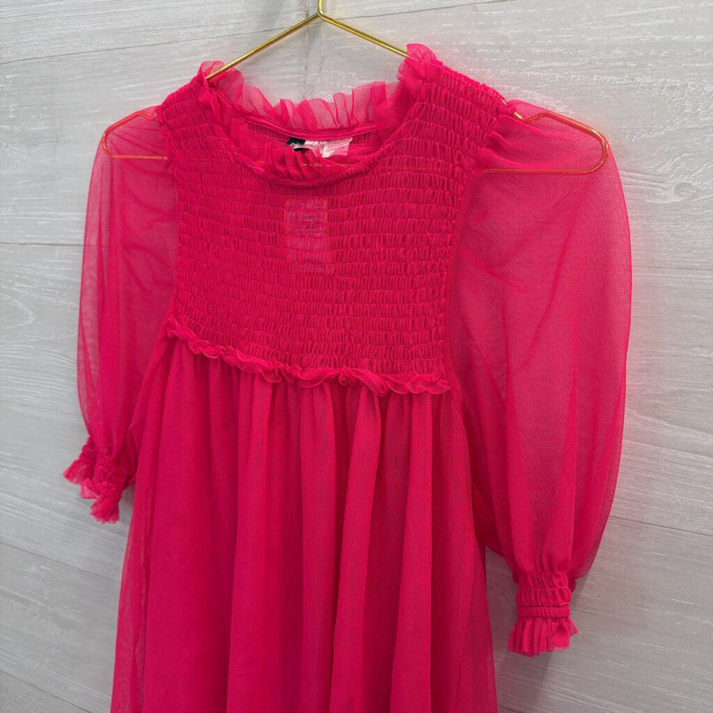 Hot Pink Sheer Tulle Short Sleeve Babydoll Dress Small