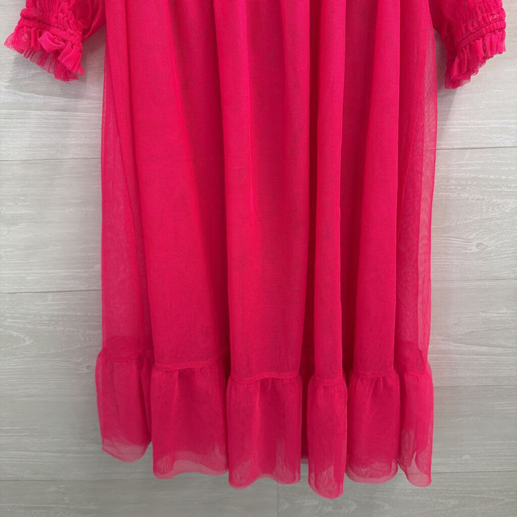 Hot Pink Sheer Tulle Short Sleeve Babydoll Dress Small