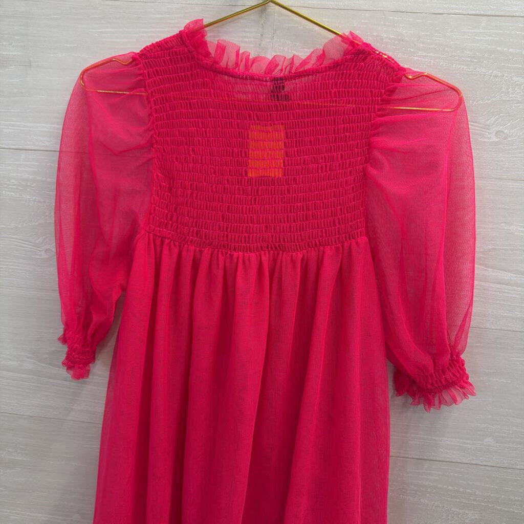 Hot Pink Sheer Tulle Short Sleeve Babydoll Dress Small
