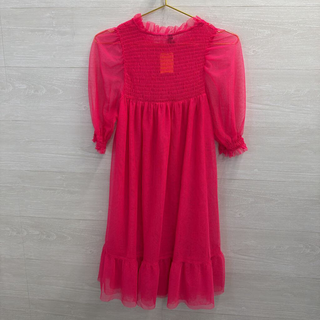 Hot Pink Sheer Tulle Short Sleeve Babydoll Dress Small