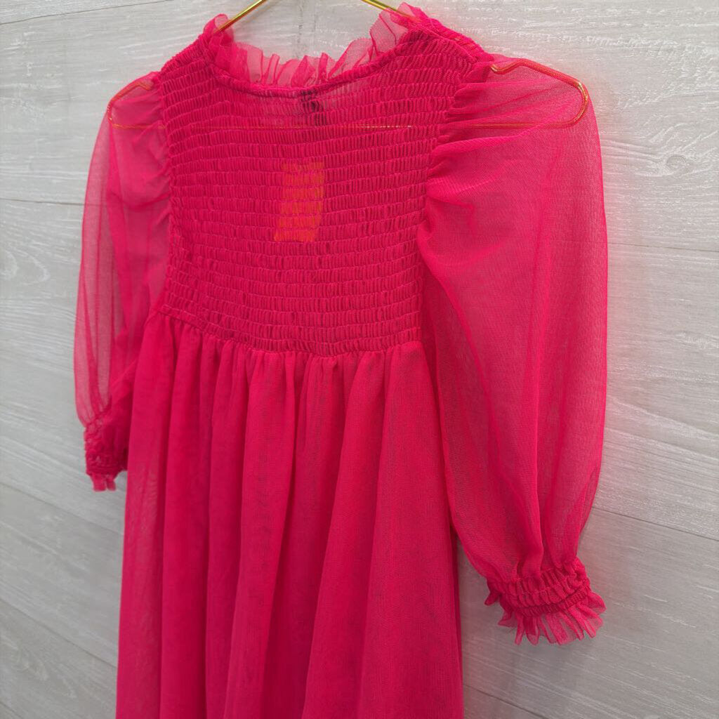 Hot Pink Sheer Tulle Short Sleeve Babydoll Dress Small