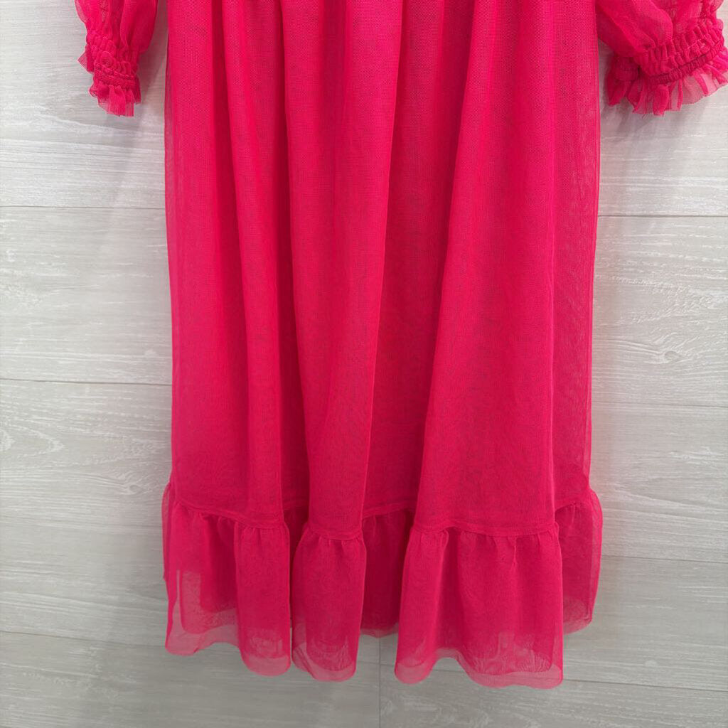 Hot Pink Sheer Tulle Short Sleeve Babydoll Dress Small