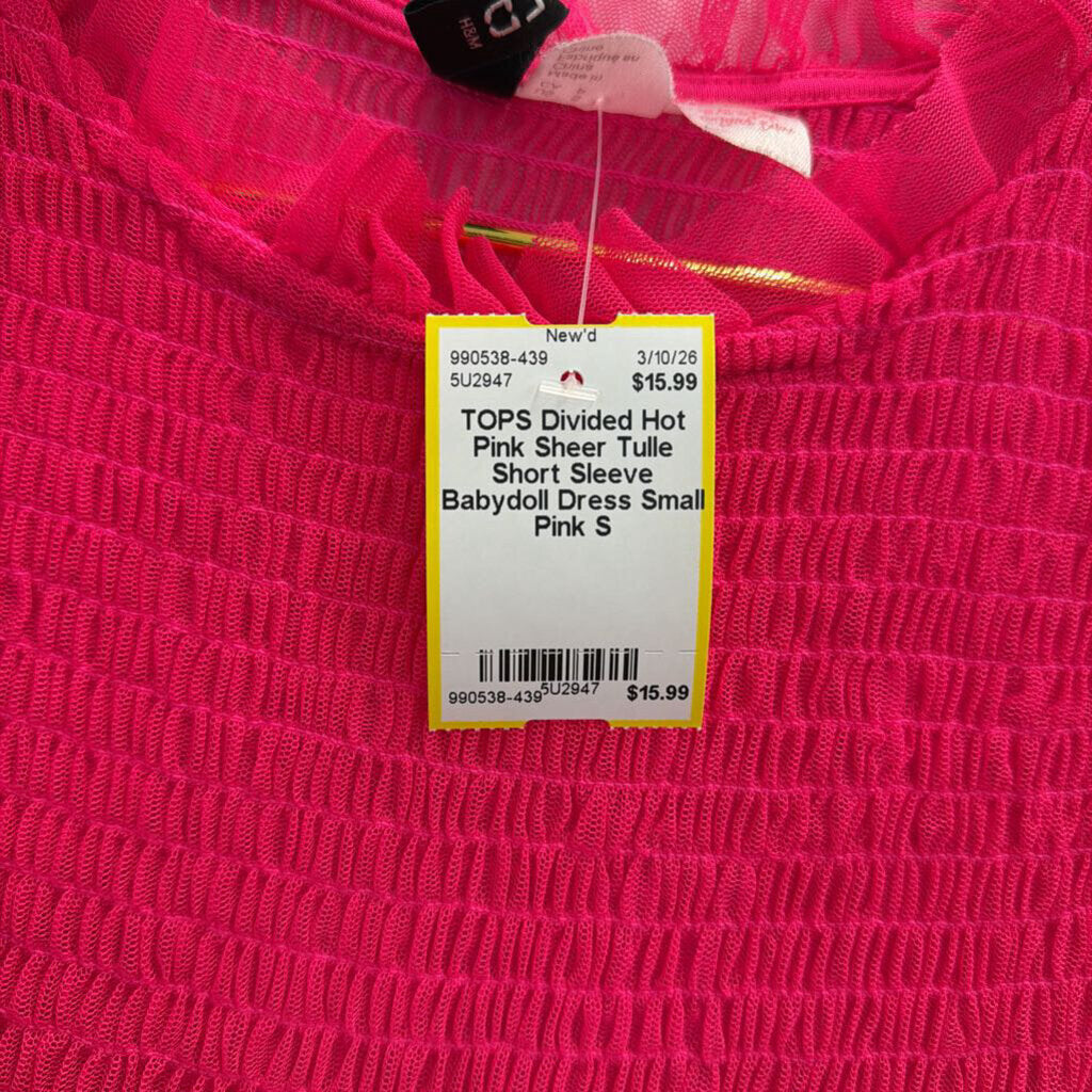 Hot Pink Sheer Tulle Short Sleeve Babydoll Dress Small