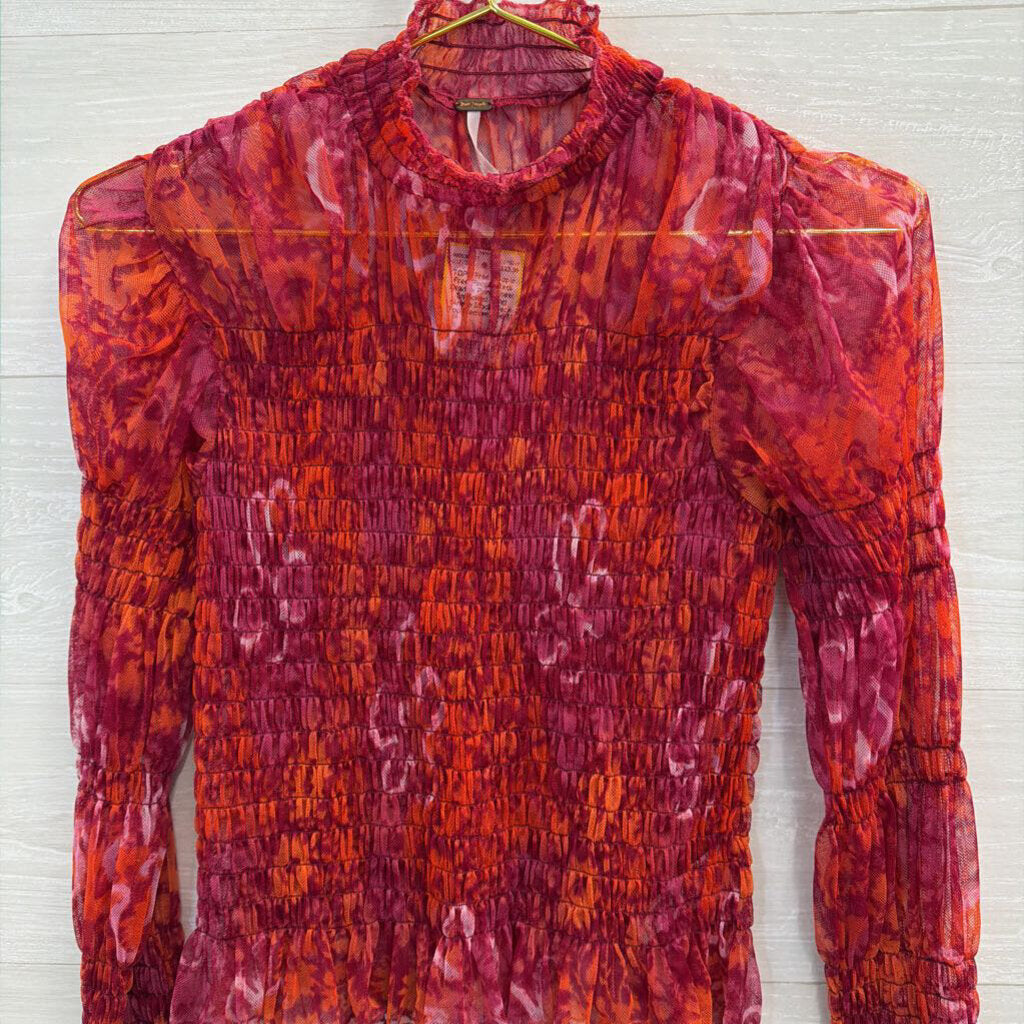 Free People Red/ Orange Print Sheer Smocked Long Sleeve Mock Neck Top Medium