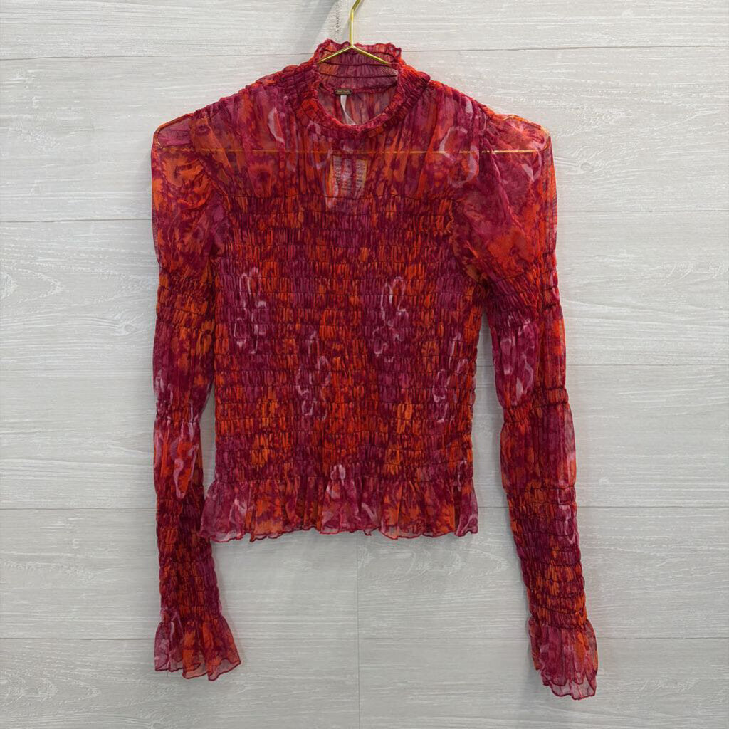 Free People Red/ Orange Print Sheer Smocked Long Sleeve Mock Neck Top Medium