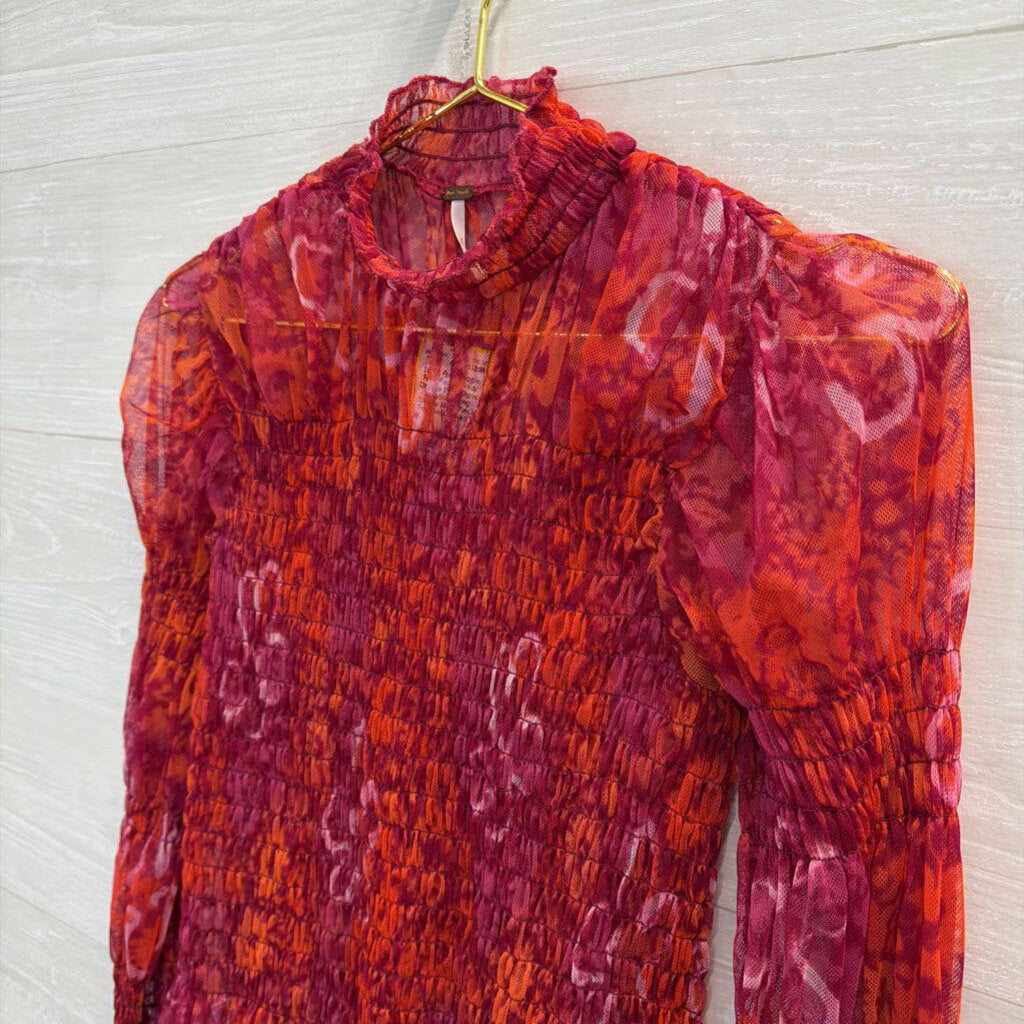 Free People Red/ Orange Print Sheer Smocked Long Sleeve Mock Neck Top Medium
