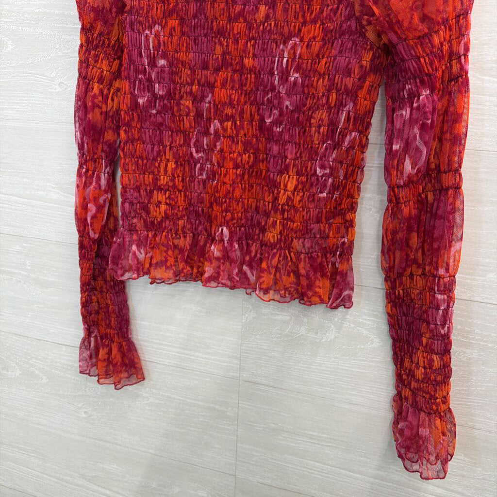 Free People Red/ Orange Print Sheer Smocked Long Sleeve Mock Neck Top Medium