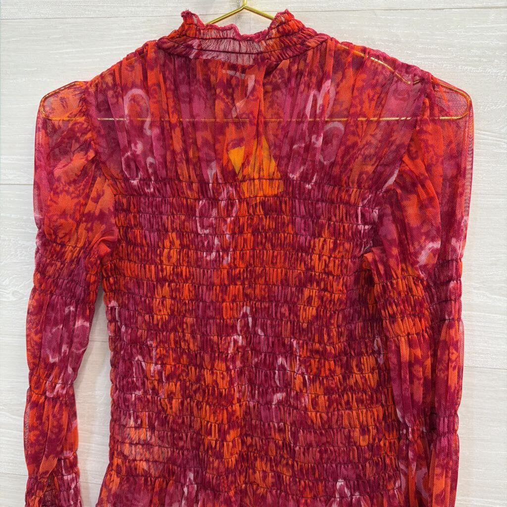 Free People Red/ Orange Print Sheer Smocked Long Sleeve Mock Neck Top Medium