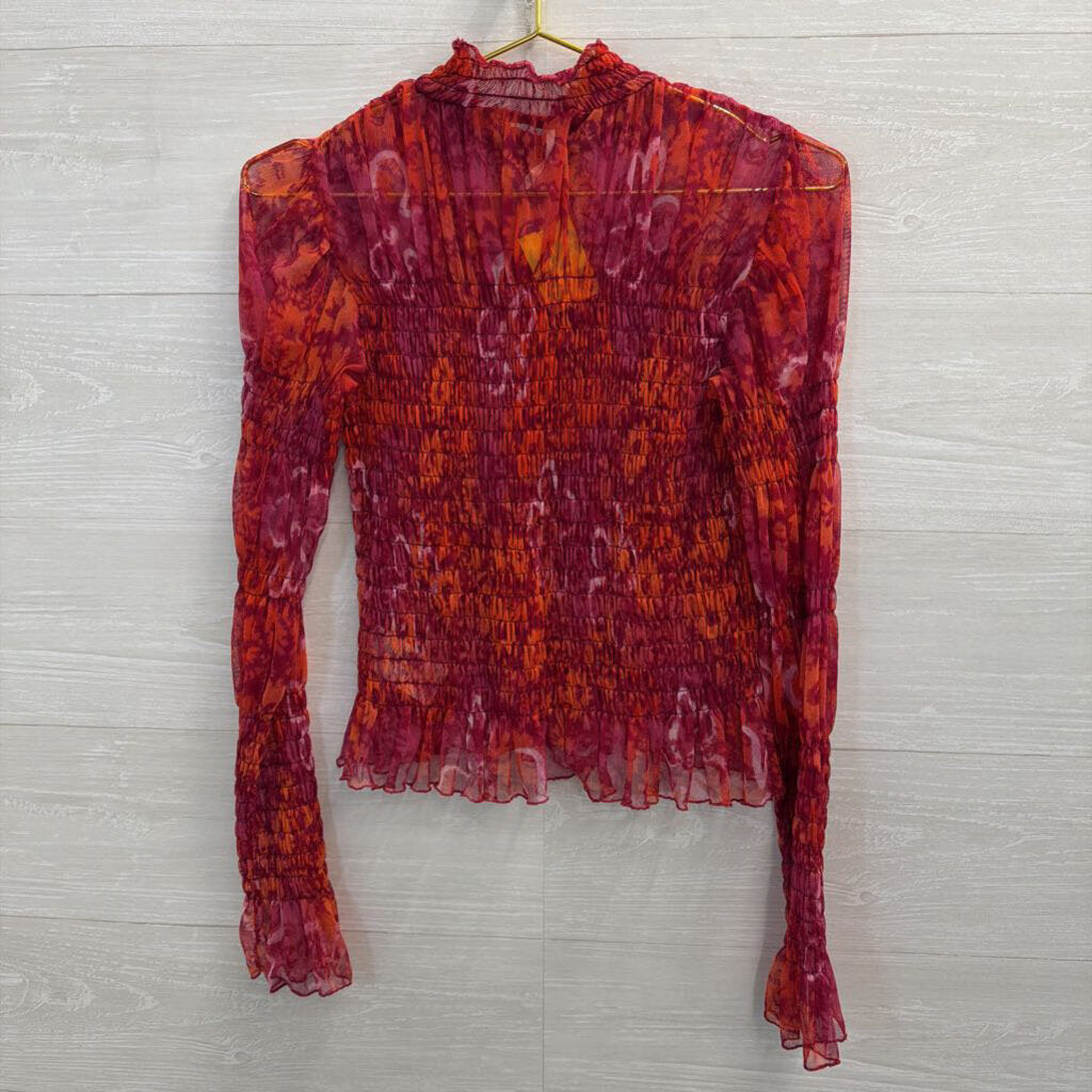 Free People Red/ Orange Print Sheer Smocked Long Sleeve Mock Neck Top Medium