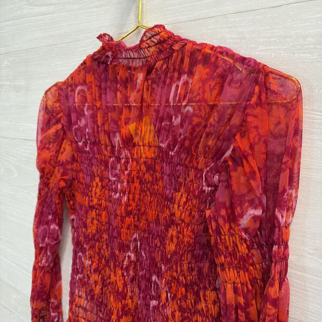 Free People Red/ Orange Print Sheer Smocked Long Sleeve Mock Neck Top Medium