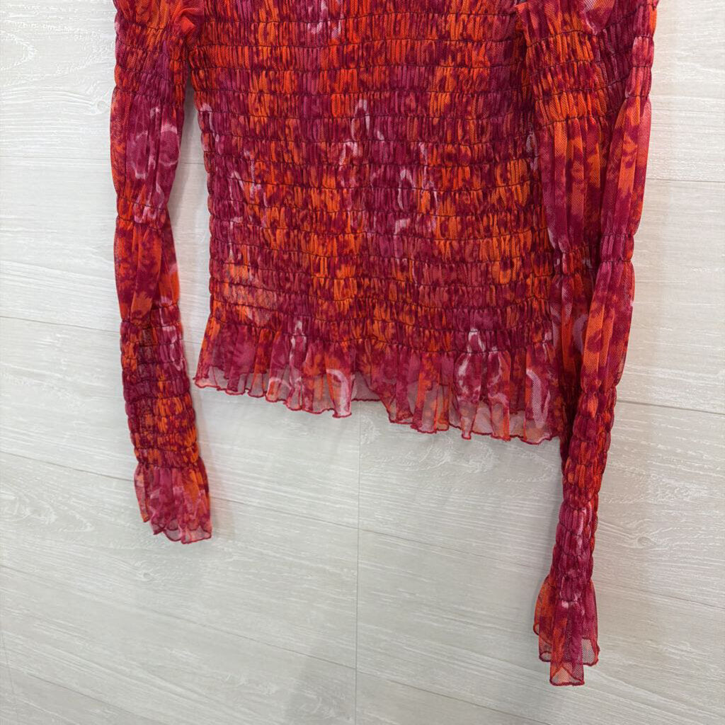 Free People Red/ Orange Print Sheer Smocked Long Sleeve Mock Neck Top Medium